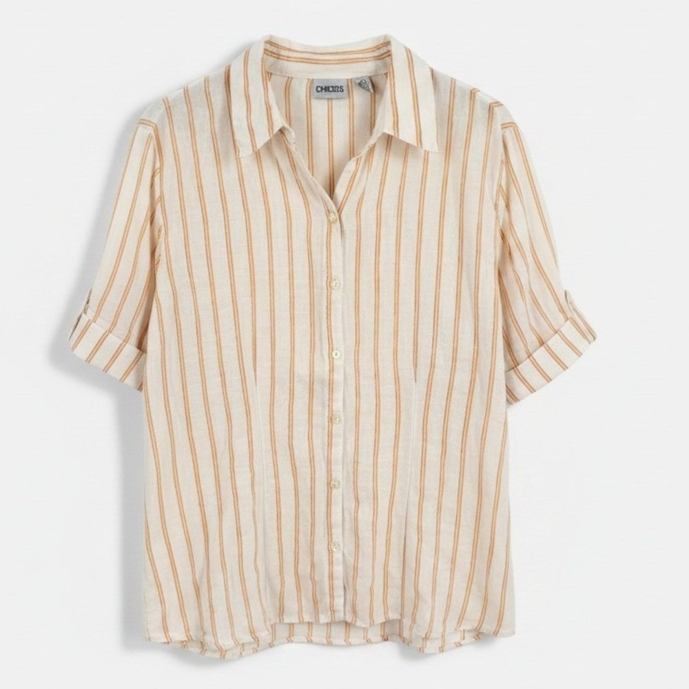 Chico's 100% Linen Button Front Roll Tab Striped Shirt Ivory Orange Size‎ 3/L-XL